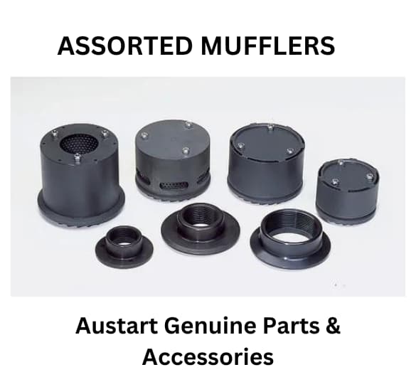 Assorted mufflers from Austart Genuine Parts & Accessories, featuring various sizes and designs of black mufflers arranged on a white background